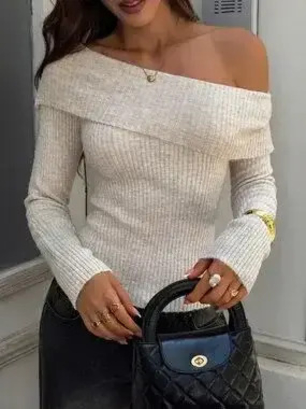 One Shoulder Ribbed Knit Top - Picture 1 of 6